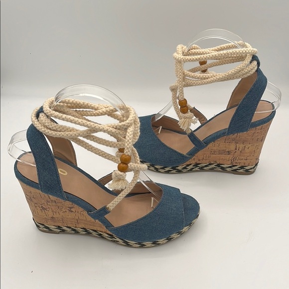 Mix No. 6 Denim Open Toe Strappy Ankle Wrap Wedge Sandals - Picture 4 of 11